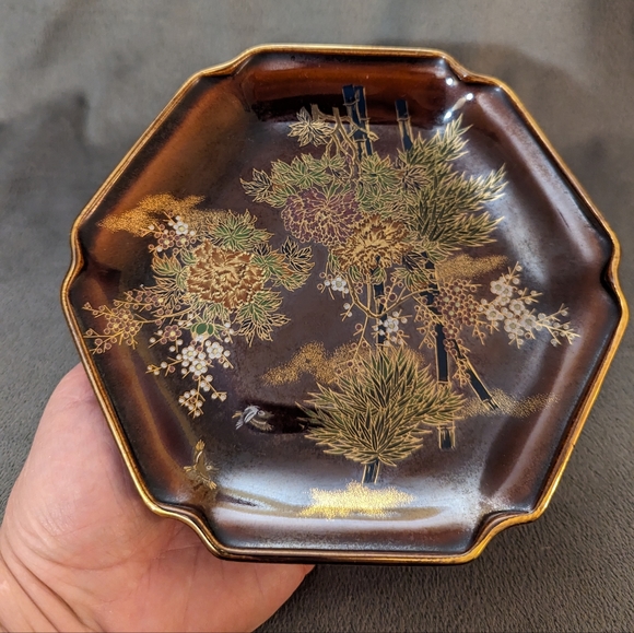 Vintage Japan Porcelain Trinket Plate Bamboo Floral Gold Trim Brown Wall Hanging - Picture 8 of 8